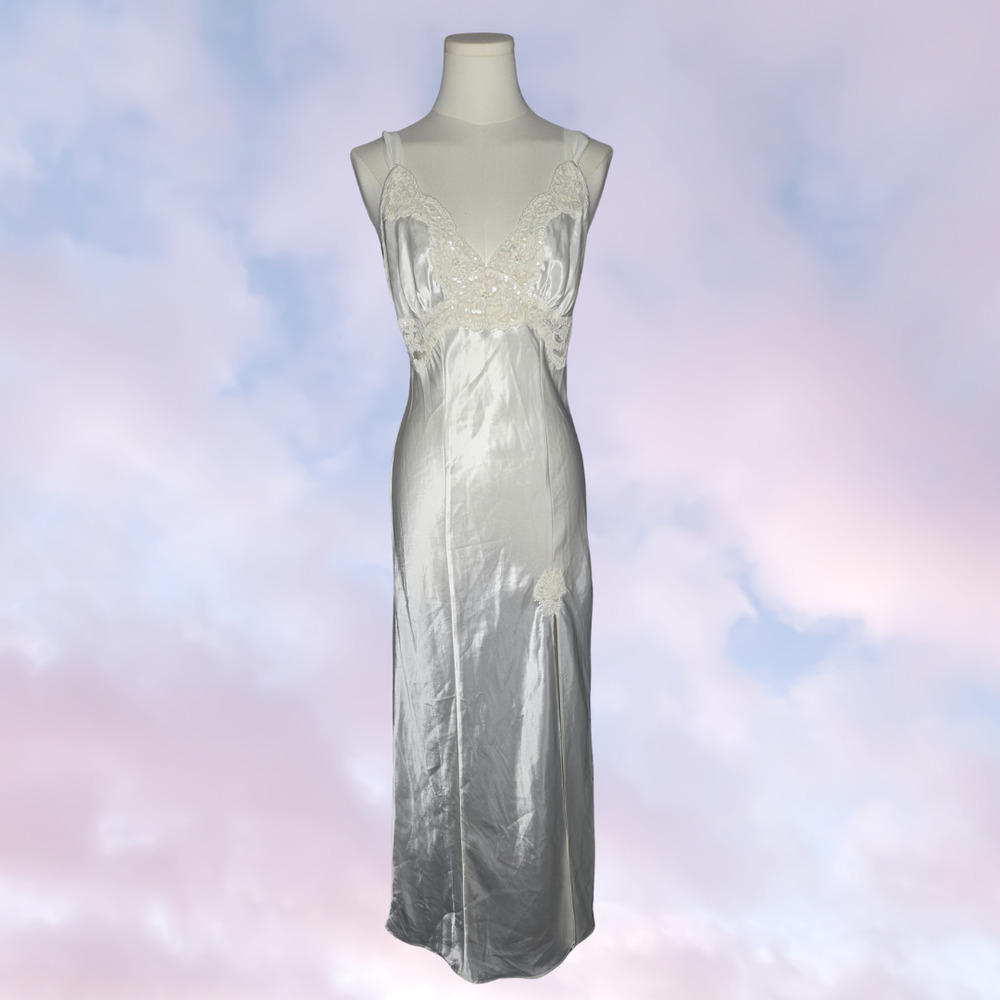 Y2K Victoria's Secret White Satin Beaded Lace Lingerie Maxi Slip Dress Slit Sz S